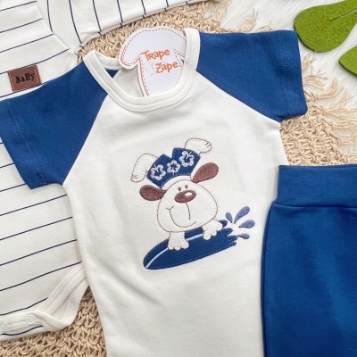 Conj. de Malha 3 peças - Dog Surfista - Off White e Marinho
